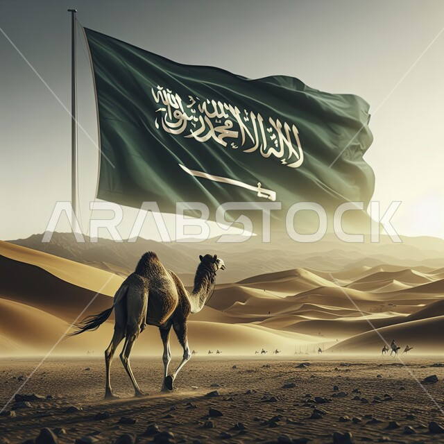 رفع العلم السعودي الاخضر مع سيف القوة وكلمة التوحيد عاليا، صورة من الخلف لجمل عربي أصيل يتجول في الصحراء، الاعتزاز والفخر بإنجازات الوطن وثقافته، احياء ذكرى اليوم الوطني السعودي 23 سبتمبر، يوم العلم 11 مارس، توريث حب تربية المواشي للابناء