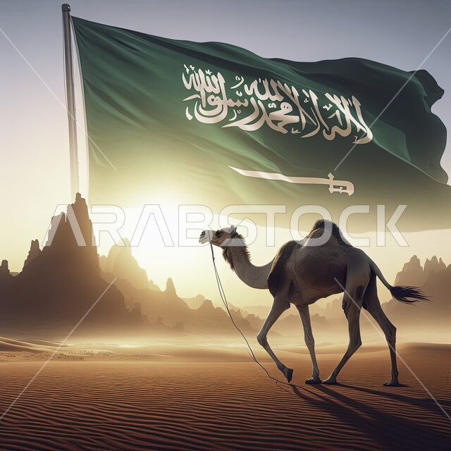 جمل عربي أصيل في الصحراء، الاعتزاز والفخر بإنجازات الوطن وثقافته، احياء ذكرى اليوم الوطني السعودي 23 سبتمبر، يوم العلم 11 مارس، توريث حب تربية المواشي للابناء، رفع العلم السعودي الاخضر مع سيف القوة وكلمة التوحيد عاليا