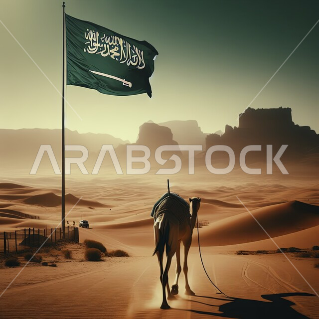 رفع العلم السعودي الاخضر مع سيف القوة وكلمة التوحيد عاليا، صورة من الخلف لجمل عربي أصيل يتجول في الصحراء، الاعتزاز والفخر بإنجازات الوطن وثقافته، احياء ذكرى اليوم الوطني السعودي 23 سبتمبر، يوم العلم 11 مارس، توريث حب تربية المواشي للابناء