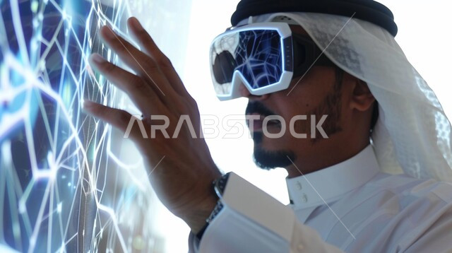 التحول الرقمي والتقدم التقني، إيماءات الاندماج والتفاعل مع العناصر الهولوجرامية الافتراضية, صورة مقربة لرجل عربي خليجي سعودي يرتدي الزي التقليدي يضع نظارات الفي ار, استخدام التقنيات الحديثة والمطورة
