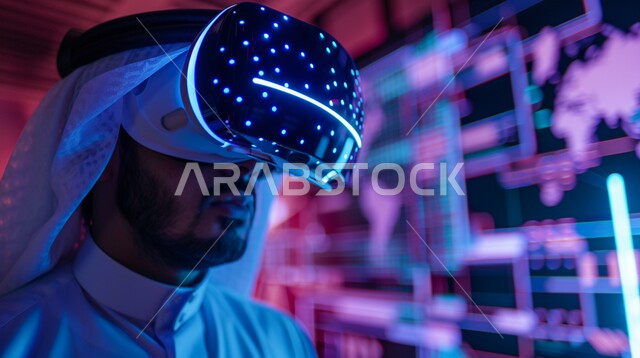 Gestures of integration into virtual reality, a close-up image of a Saudi Gulf Arab man wearing traditional clothing wearing VR glasses, digital transformation and technical progress, the use of modern and advanced technologies