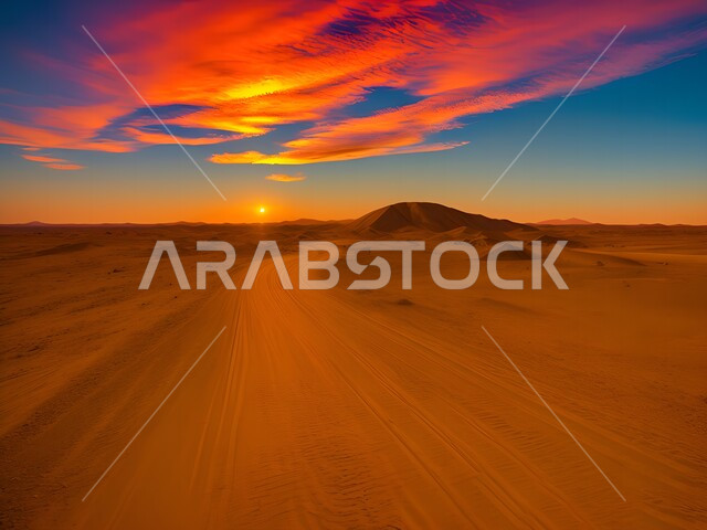 مشهد السماء اثناء غروب الشمس، الكثبان الرملية في صحاري المملكة العربية السعودية، الرمال الذهبية الناعمة في الصحراء في النهار، الهضاب والتلال في المناطق الصحراوية في شبه الجزيرة العربية، خلفية الطبيعة