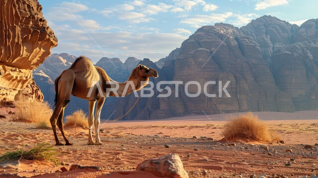 A brown camel standing on one of the mountain peaks, wild natural reserves for caring for camels and camels in desert areas, the concept of interest in raising camels and caring for livestock and mammals in the Kingdom of Saudi Arabia, rocky terrain and heights.