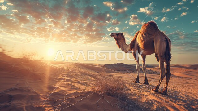 حيوان الجمل البني يقف وسط الرمال الذهبية الناعمة عند غروب الشمس، محميات طبيعية برية للعناية بالجمال والابل في المناطق الصحراوية، مفهوم الاهتمام بتربية الجمال ورعاية المواشي والثدييات في المملكة العربية السعودية، التضاريس والمرتفعات والقمم الرملية 