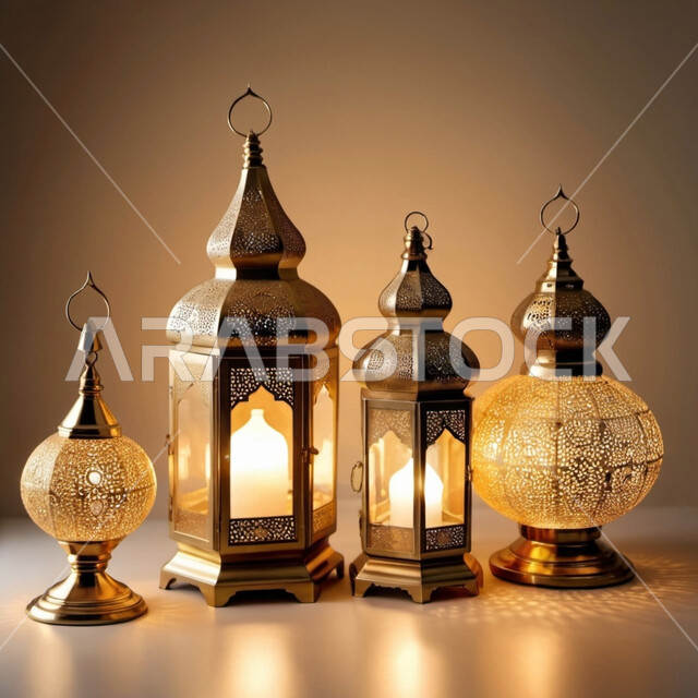 زينة وديكورات الاحتفال بالمناسبات الدينية، الاستعداد والتحضير لاستقبال شهر رمضان المبارك، فوانيس معدنية مزخرفة مضيئة باللون الذهبي