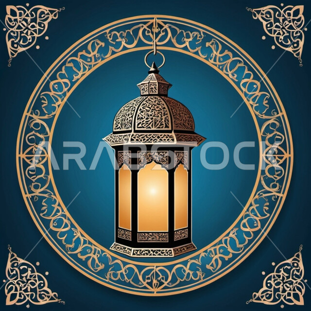 بطاقات تهنئة بمناسبة الأعياد والمناسبات الدينية، فانوس معدني ذهبي مزخرف، خلفية رمضانية وروحانية إسلامية، النقوش والزخارف على الطراز الإسلامي، الفن الاسلامي للتحف والاكسسوارات، ديكورات وأنوار في الأجواء الرمضانية الروحانية