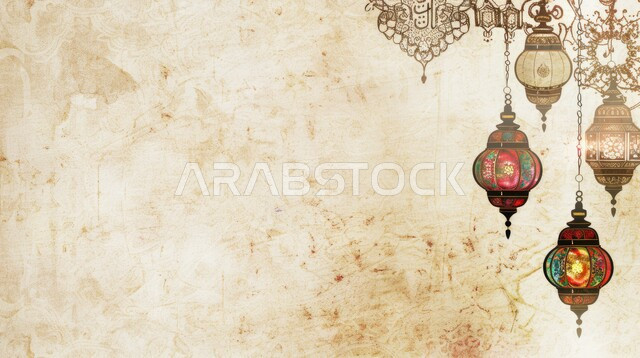 Traditional Islamic lanterns and antiques to celebrate the coming of the month of goodness, Islamic art antiques and accessories, illuminated ornate metal Arabic lantern, lighting and decorations for the holy month of Ramadan, decorations and lights in the spiritual Ramadan atmosphere.