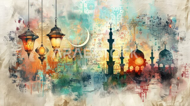 ديكورات ومساجد في الأجواء الرمضانية الروحانية، فوانيس و تحف اسلامية تقليدية للاحتفال بقدوم شهر الخير، الفن الاسلامي للتحف والاكسسوارات، فانوس عربي معدني مزخرف مضيء، إضاءة وزينة شهر رمضان المبارك