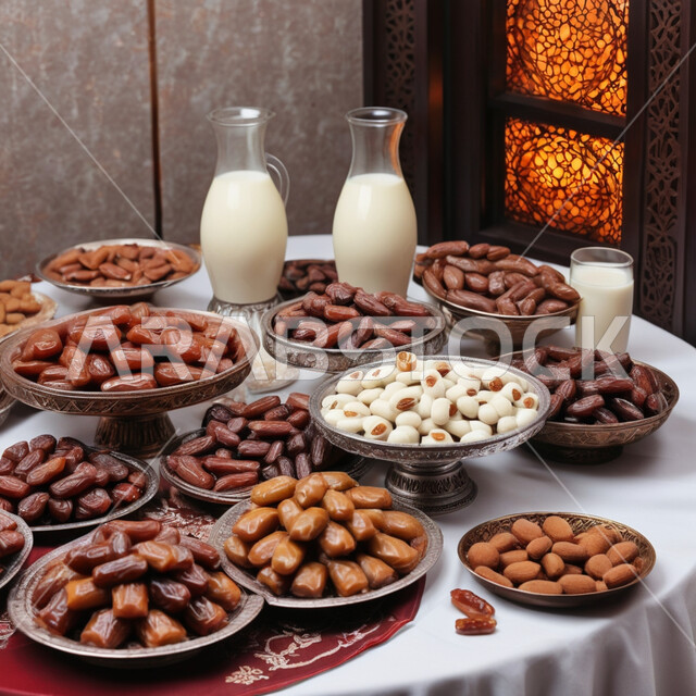 محاصيل زراعية محلية، أطباق منوعة من التمور المختلفة مع عبوات الحليب، تمر سكري صحي طازج، وجبة ذات قيمة غذائية عالية، ضيافة رمضانية شهية لذيذة، رطب من نخيل المملكة العربية السعودية، منتج محلي وطني