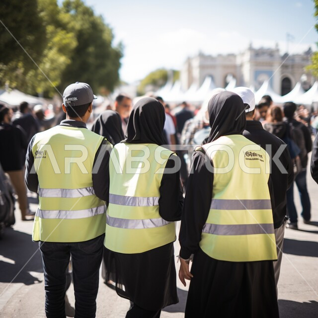سفراء النظافة والاعتناء بالطرقات العامة، صورة من الخلف لمجموعة أشخاص عرب خليجيين سعوديين يرتدون سترة صفراء، حملة تطوعية للاهتمام بتنظيف شوارع المملكة العربية السعودية