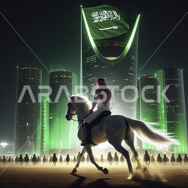 الوقوف امام برج المملكه، الأبراج وناطحات السحاب المضيئة باللون الاخضر، ذكرى العيد الوطني 23 سبتمبر، رمز وشعار وهوية الوطن، رجل عربي خليجي سعودي يرتدي الثوب التقليدي يمتطي حصان بني أصيل، رفع العلم للاحتفال بيوم العلم السعودي 11 مارس، الفخر والاعتزاز بانجازات البلد