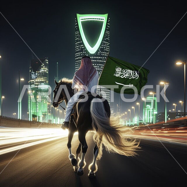 الفخر والاعتزاز بانجازات البلد، الوقوف امام برج المملكه، الأبراج وناطحات السحاب المضيئة باللون الاخضر، ذكرى العيد الوطني 23 سبتمبر، رمز وشعار وهوية الوطن، رجل عربي خليجي سعودي يرتدي الثوب التقليدي يمتطي حصان بني أصيل، رفع العلم للاحتفال بيوم العلم السعودي 11 مارس