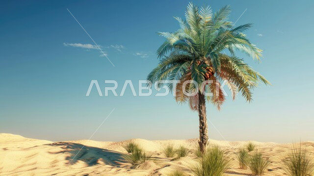 إنتاج التمور في المملكة العربية السعودية، واحة أشجار النخيل الخضراء وسط البيئة الرملية الذهبيه الناعمة في المناطق الصحراوية، البيئة الجافة في الصحراء والأماكن البرية، خلفية الطبيعة