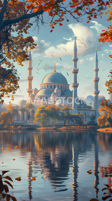 The scene of the sky filled with white clouds, trees and green plants, the distinguished architectural art of a mosque overlooking the lake, Islamic-style decorations and designs, worship and getting closer to God, performing obligatory prayers and prayers, illuminated domes and minarets, Ramadan backgrounds and atmosphere.