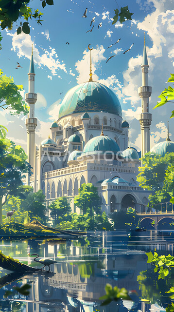 الأشجار والنباتات الخضراء، الفن الهندسي المعماري المتميز لمسجد مطل على البحيرة، ديكورات وتصاميم على الطراز الإسلامي، العبادة والتقرب إلى الله، أداء الفرائض والصلوات، القبب والمآذن المضيئة، خلفيات وأجواء رمضانية 