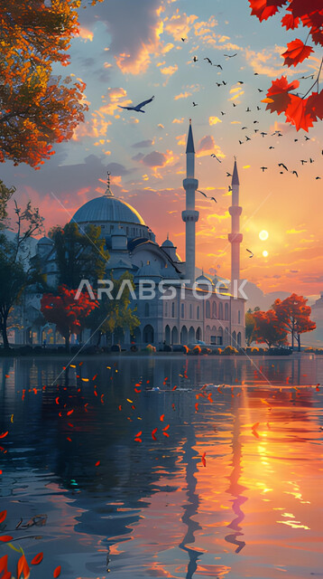 مشهد السماء المليئة بالغيوم البيضاء، الأشجار والنباتات الخضراء، الفن الهندسي المعماري المتميز لمسجد مطل على البحيرة، ديكورات وتصاميم على الطراز الإسلامي، العبادة والتقرب إلى الله، أداء الفرائض والصلوات، القبب والمآذن المضيئة، خلفيات وأجواء رمضانية 