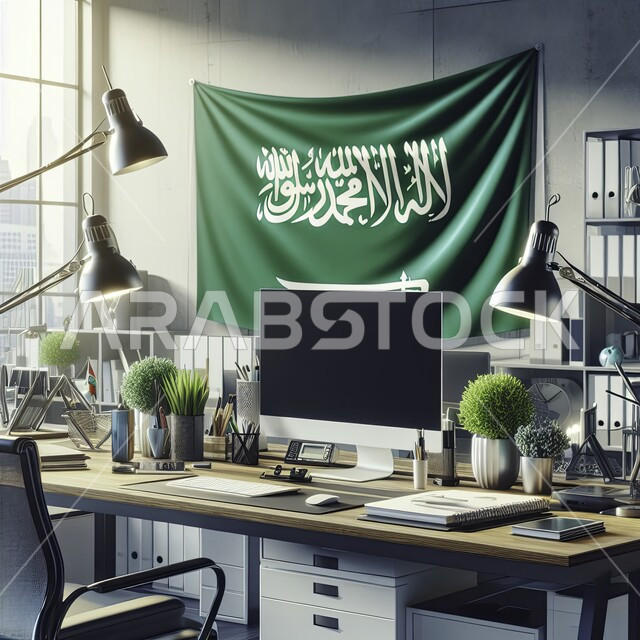 Showing pride and loyalty to the homeland, office work and professions, Saudi Flag Day, March 11, national occasions and holidays, celebrating the anniversary of National Day, September 23, the concept of pride and honor in Saudi identity, modern modern decorations for offices within companies, interest in green ornamental plants