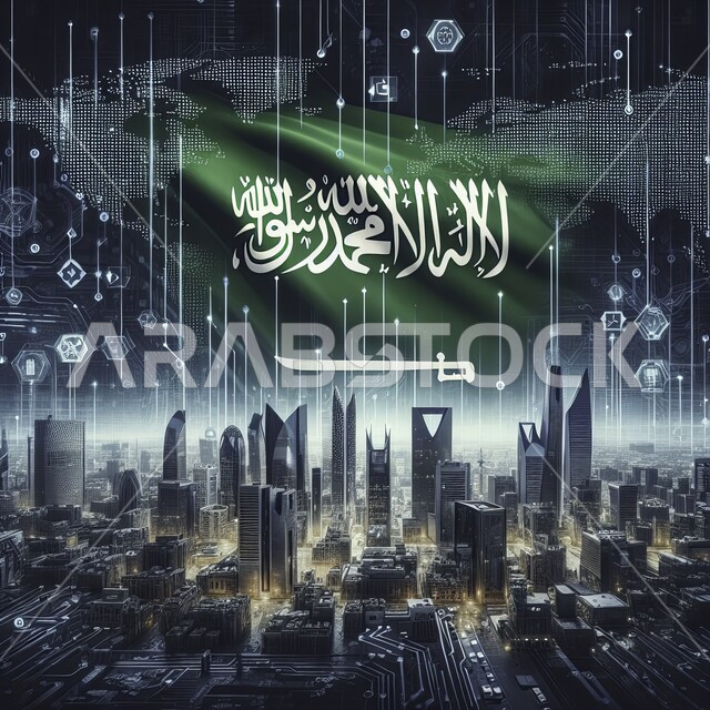 The use of technology and technique in creating modern cities, the architectural engineering art of towers and skyscrapers, a three-dimensional background for urban development and growth in Saudi Arabia, Saudi Flag Day, March 11, commemoration of the Saudi National Day, September 23, the Kingdom’s flag above commercial and residential facilities