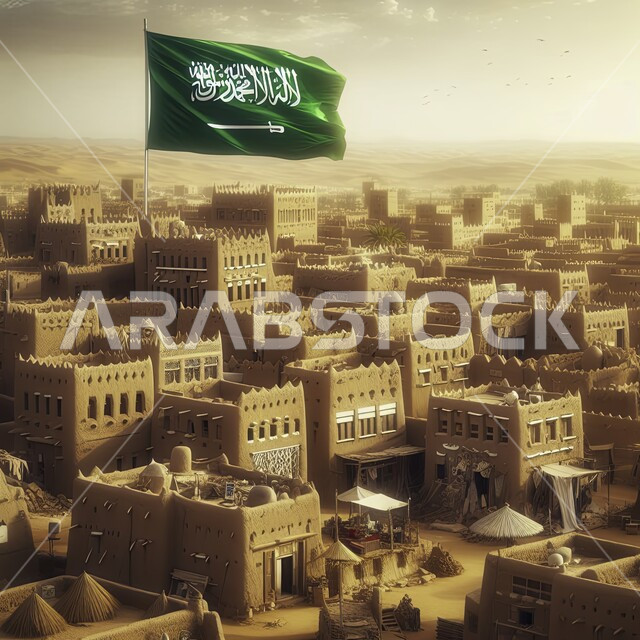  ذكرى اليوم الوطني السعودي 23 سبتمبر, الاحتفال بيوم العلم 11 مارس ,مناسبات و اعياد وطنية، علم المملكة يرفرف فوق القصور والقلاع التاريخية والتراثية وقت غروب الشمس, اظهار الفخر والاعتزاز بالانتماء للوطن, التلال والهضاب الرملية الناعمة في المناطق الصحراوية
