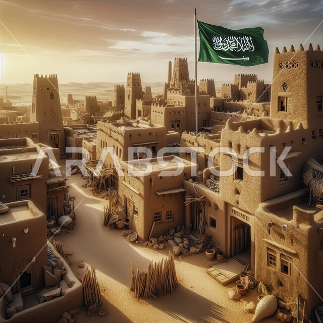 National occasions and holidays, the Kingdom’s flag flying over historical and heritage palaces and castles at sunset, showing pride and pride in belonging to the homeland, soft sandy hills and plateaus in desert areas, commemorating the Saudi National Day September 23, celebrating Flag Day March 11