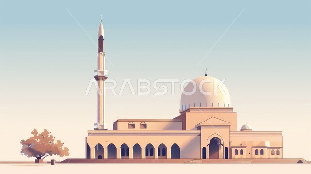 Calling Muslims to perform obligatory duties and prayers, worship and drawing closer to God, architectural engineering art for building mosques in the Kingdom of Saudi Arabia, modern exterior decorations and designs for religious purposes, Islamic holy places