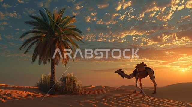 حيوان الجمل في الصحراء اثناء غروب الشمس، محميات طبيعية برية للعناية بالجمال والابل في المناطق الصحراوية، مفهوم الاهتمام بتربية الجمال ورعاية المواشي والثدييات في المملكة العربية السعودية، الاهتمام بزراعة أشجار النخيل الخضراء