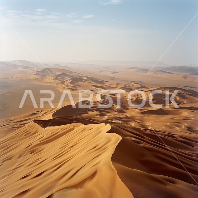 الهضاب و التلال من الرمال الناعمة في الربع الخالي، مناطق البادية والبيئة الطبيعية الصحراوية في النهار، التكوينات والتشكلات الرملية في صحراء المملكة العربية السعودية، التضاريس و المرتفعات والقمم الجبلية في البراري، خلفية الطبيعة