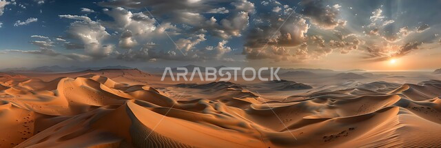 Badia areas and the natural desert environment during the day, sand formations and formations in the desert of the Kingdom of Saudi Arabia, terrain, heights and mountain peaks in the prairies, plateaus and hills of soft sand in the Empty Quarter, nature background