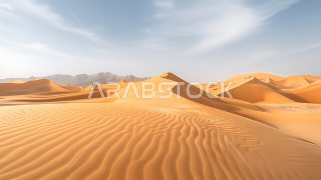 الهضاب و التلال من الرمال الناعمة في الربع الخالي، مناطق البادية والبيئة الطبيعية الصحراوية في النهار، التكوينات والتشكلات الرملية في صحراء المملكة العربية السعودية، التضاريس و المرتفعات والقمم الجبلية في البراري، خلفية الطبيعة