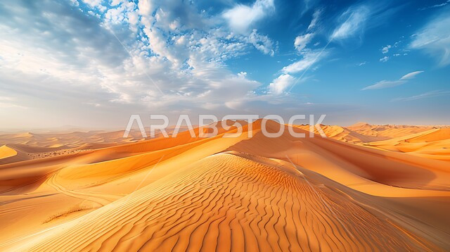 Badia areas and the natural desert environment during the day, sand formations and formations in the desert of the Kingdom of Saudi Arabia, terrain, heights and mountain peaks in the prairies, plateaus and hills of soft sand in the Empty Quarter, nature background