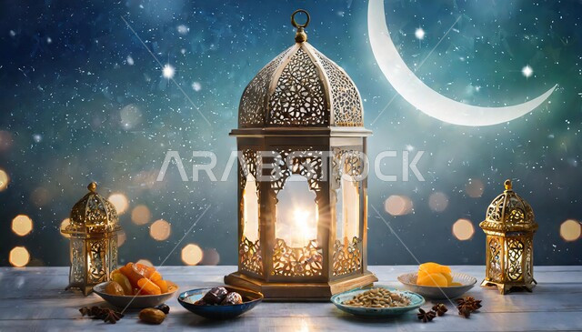 Decorations and decorations for celebrating religious occasions, preparation and preparation to welcome the holy month of Ramadan, the concept of worship, obedience, and closeness to God, illuminated decorative metal lanterns, hospitality in the month of goodness and forgiveness.