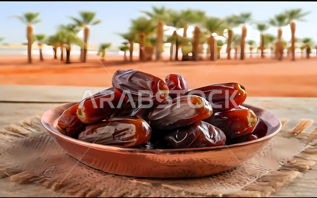 وجبة ذات قيمة غذائية عالية، ضيافة رمضانية لذيذة، رطب من نخيل المملكة العربية السعودية، محاصيل ومنتجات زراعية محلية وطنية سعودية، صورة مقربة لطبق نحاسي مليء بالتمر السكري الصحي الطازج، خلفية مزرعة النخل