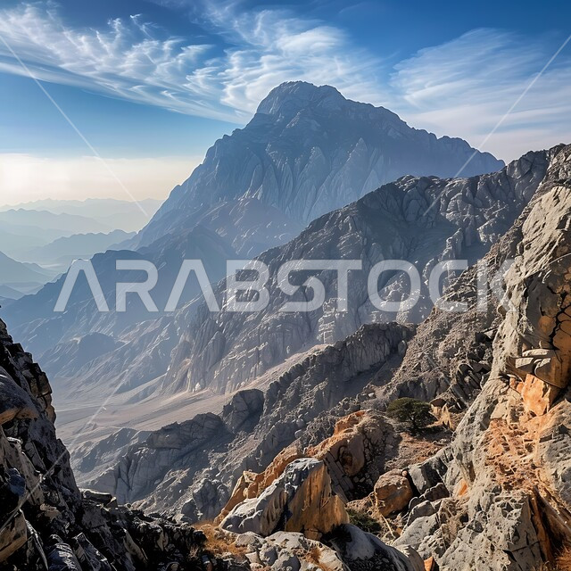  منظر الغيوم والسحب البيضاء في السماء فوق التضاريس الطبيعية والتكوينات والتشكلات الصخرية، صورة جوية لسلسلة جبال القارة في النهار، القمم والمرتفعات الجبلية في مدينة الاحساء، المعالم التاريخية الأثرية القديمة في المملكة العربية السعودية