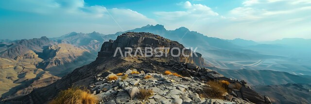 القمم والمرتفعات الجبلية في مدينة الاحساء، المعالم التاريخية الأثرية القديمة في المملكة العربية السعودية، منظر الغيوم والسحب البيضاء في السماء فوق التضاريس الطبيعية والتكوينات والتشكلات الصخرية، صورة جوية لسلسلة جبال القارة في النهار