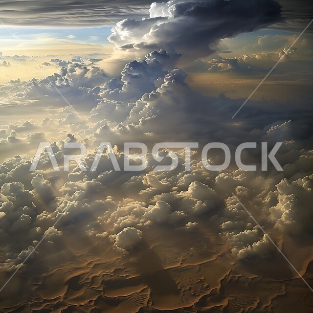 A dense group of white clouds in the sky of the Kingdom of Saudi Arabia, soft golden sand in the desert areas, hills and sand plateaus in the Arabian desert, desert areas and the natural environment, nature background