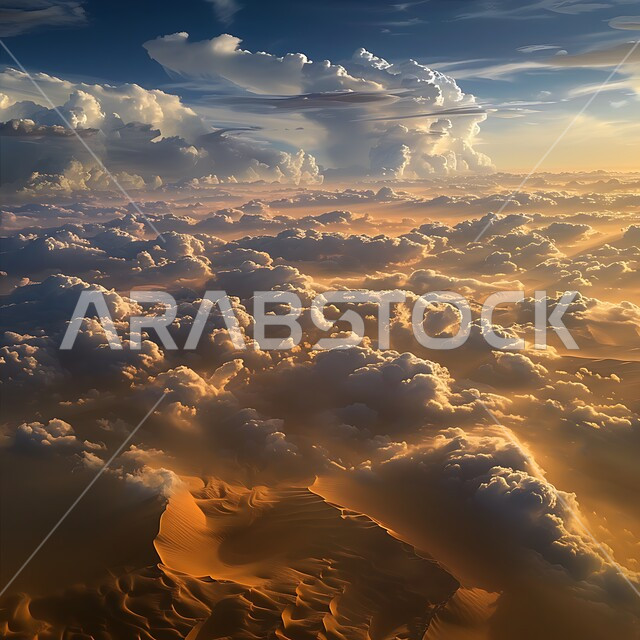 A dense group of white clouds in the sky of the Kingdom of Saudi Arabia, soft golden sand in the desert areas, hills and sand plateaus in the Arabian desert, desert areas and the natural environment, nature background