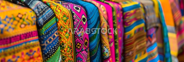 Distinctive local national products, popular embroidery on colored fabrics in Saudi markets, traditional heritage craft art, a close-up panoramic image of Saudi fabric in different colors with Sadu engravings and decorations in the Kingdom’s malls.