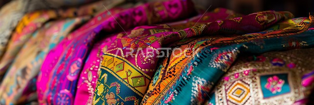 منتجات وطنيه محلية متميزه, التطريز الشعبي على الاقمشه الملونه في أسواق السعوديه,  الفن الحرفي التقليدي التراثي ,صورة بانورامية مقربه للقماش السعودي بألوان مختلفه مع نقوش و زخارف السدو في مولات المملكه