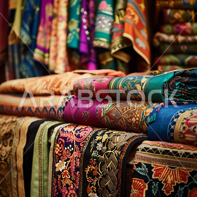  الفن الحرفي التقليدي التراثي ,منتجات محليه وطنيه متميزه, التطريز الشعبي على الاقمشه الملونه في أسواق السعوديه, صورة مقربه للقماش السعودي بألوان مختلفه مع نقوش و زخارف السدو في مولات المملكه
