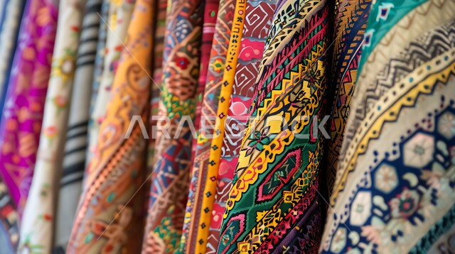 منتجات محليه وطنيه متميزه, التطريز الشعبي على الاقمشه الملونه في أسواق السعوديه, صورة مقربه للقماش السعودي بألوان مختلفه مع نقوش و زخارف السدو في مولات المملكه, الفن التراثي الحرفي التقليدي 
