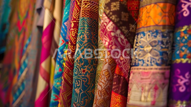 التطريز الشعبي على الاقمشه الملونه في أسواق السعوديه, صورة مقربه للقماش السعودي بألوان مختلفه مع نقوش و زخارف السدو في مولات المملكه, منتجات محليه وطنيه متميزه, الفن التراثي الحرفي التقليدي 