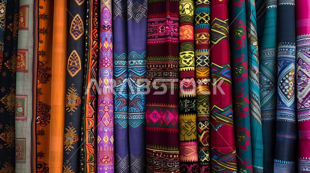 التطريز الشعبي على الاقمشه الملونه في أسواق السعوديه, صورة مقربه للقماش السعودي بألوان مختلفه مع نقوش و زخارف السدو في مولات المملكه, منتجات محليه وطنيه متميزه, الفن التراثي الحرفي التقليدي 