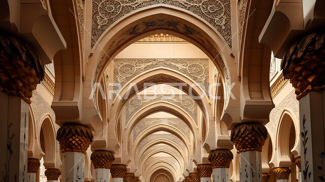 الفن الهندسي المعماري على الطراز الحديث, الديكورات الداخلية المزخرفة المتميزة ,مفهوم العباده والتقرب إلى الله,  تفاصيل الزخرفه الجبسيه في الديكور الاسلامي, أبرز الفنون المنتجة من حضارات العالم القديم. الاقواس و الممرات ذات بناء مميز