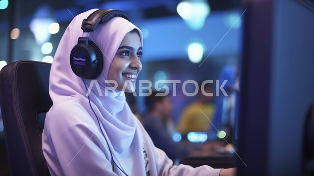 برامج الكمبيوتر الترفيهية، ايماءات السعادة والفرح، مفهوم المتعة والتسلية باللعب، الاستمتاع بالتقنيات والتكنولوجيا الحديثة، امرأة عربية سعودية خليجية محجبة مبتسمة ترتدي سماعة الرأس و تلعب بألعاب الفيديو