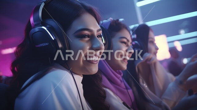 المتعة و التسلية باللعب الجماعي، الاستمتاع بالتقنيات والتكنولوجيا الحديثة، نساء عربيات سعوديات خليجيات مبتسمات يرتدون سماعة الرأس و يلعبون بألعاب الفيديو، برامج الكمبيوتر الترفيهية، ايماءات السعادة والفرح
