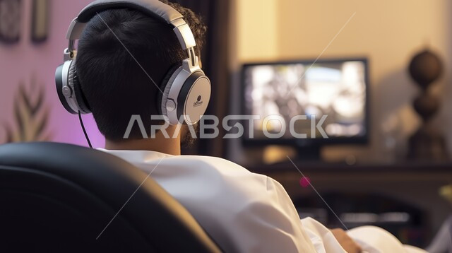 The concept of fun and entertainment, spending a good time at home, entertainment computer programs, a picture from the back of a young Saudi Arabian Gulf man wearing headphones playing video games, enjoying modern techniques and technology.