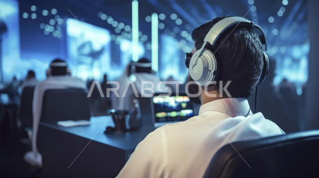 برامج الكمبيوتر الترفيهية، مفهوم المتعة والتسلية، صالة ألعاب الفيديو، صورة من الخلف لشاب عربي خليجي سعودي يرتدي سماعة الرأس، الاستمتاع بالتقنيات والتكنولوجيا الحديثة