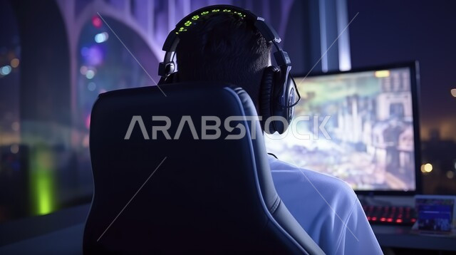 مفهوم المتعة والتسلية، صالة ألعاب الفيديو، صورة من الخلف لشاب عربي خليجي سعودي يرتدي سماعة الرأس، الاستمتاع بالتقنيات والتكنولوجيا الحديثة، برامج الكمبيوتر الترفيهية