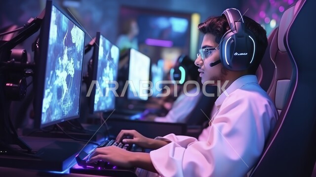 قضاء وقت ممتع في صالة اللعب، مفهوم المتعة والتسلية، برامج الكمبيوتر الترفيهية، صورة من الخلف لشاب عربي خليجي سعودي يرتدي سماعة الرأس يقوم بلعب ألعاب الفيديو، الاستمتاع بالتقنيات والتكنولوجيا الحديثة