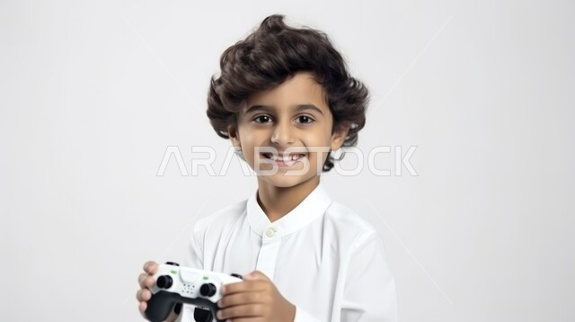 قضاء وقت ممتع بعلب ألعاب الفيديو، مفهوم المتعة والتسلية، برامج الكمبيوتر الترفيهية، بورتريه مقرب لطفل عربي خليجي سعودي مبتسم يرتدي الثوب التقليدي و يمسك بيده عصا اللعب، الاستمتاع بالتقنيات والتكنولوجيا الحديثة، خلفية بيضاء